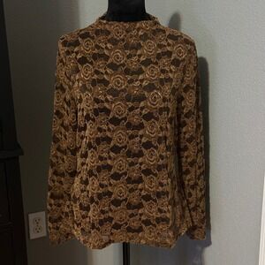 Anewsta Curve Blouse 1XL Brown Floral Lace Mock Neck Sheer Romantic Plus